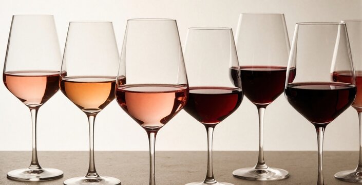 Six elegant wine glasses lined up on stone surface. Collection shows various colors from light rose to deep red wine. Minimalist composition with soft lighting for luxury tasting event romantic