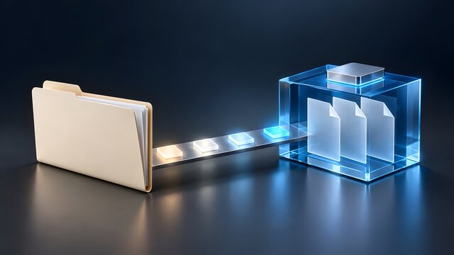 Digital file transfer and cloud storage archiving system concept. Document migration from physical folder to secure virtual database.