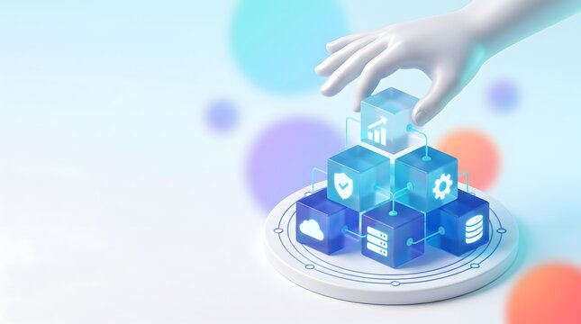 Cloud computing software integration with 3d hand placing business growth data block on tech infrastructure