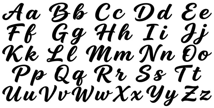Handwritten cursive alphabet showing uppercase and lowercase English letters from a to z written in bold black calligraphy style arranged in rows handwriting font typography