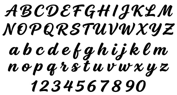 Complete English alphabet set showing uppercase and lowercase cursive script letters from a to z alongside arabic numerals zero through nine in bold black typography style