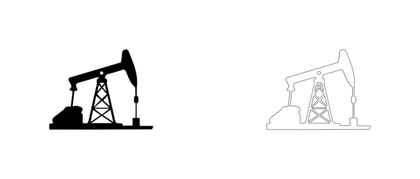 Oil pumpjack pump jack unit vector icon filled and outline, petroleum extraction rig symbol.