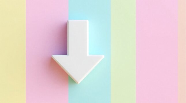 White 3D arrow points down on pastel striped background. Minimalist graphic shows downward direction decrease. Soft pink blue, yellow stripes create modern aesthetic for business data falling