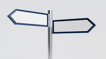 Fototapeta premium Empty blue, white directional signpost with two arrows on silver metal pole. Blank street sign stands against light grey background. Minimalist wayfinding pointer provides space for text, navigation
