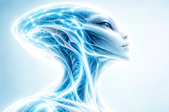 Futuristic Alien Profile with Glowing Blue Neural Connections