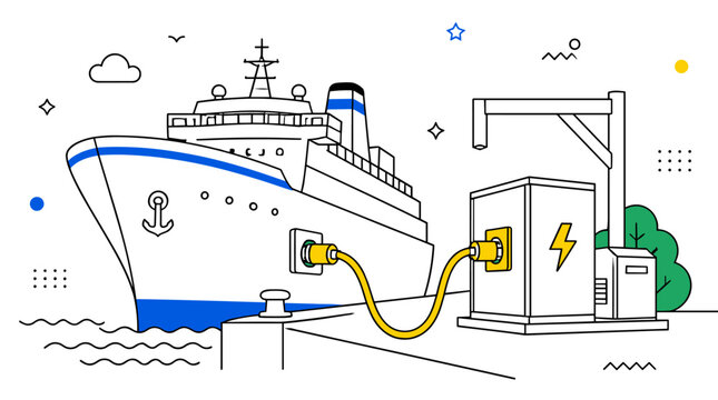 Green Shipping Vessels docked at port receiving electrical power from a charging station.