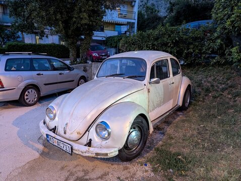 Vintage Volkswagen Beetle parked beside a modern silver car at dusk with lush greenery and buildings in view