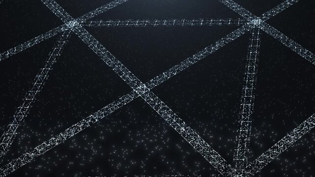 Abstract silver particle network forming interconnected geometric lines over a dark background, with glowing dots and sparkling textures creating a futuristic digital technology atmosphere.
