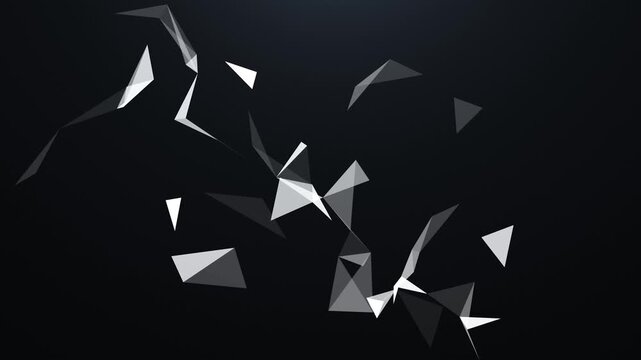 Abstract floating geometric shards in white, gray and black against a dark background, creating a minimalist futuristic composition with depth and dynamic motion.