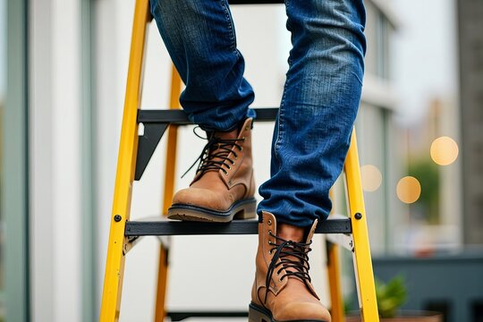 Importance of Work Safety: Man in Work Boots on Step Ladder demonstrates the Need for Proper Equipment