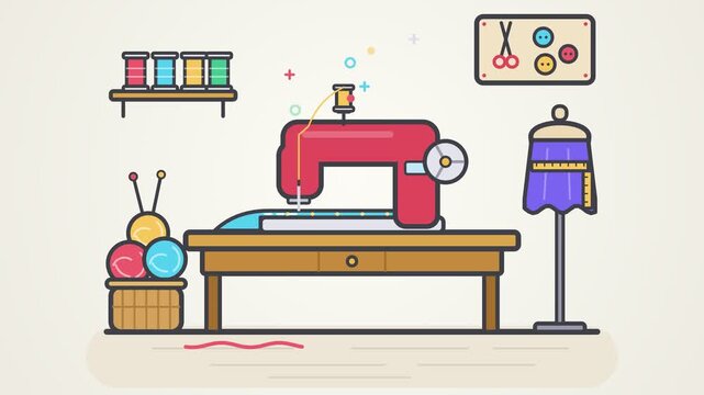 Flat Vector Animation Of Sewing Machine In Tailor Shop Featuring Professional Dressmaking Equipment And Creative Crafting Tools For Fashion Design