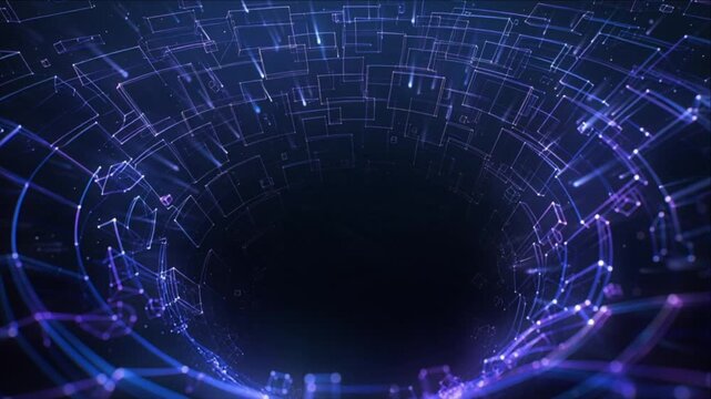 Digital data cubes forming luminous blue tunnel through futuristic network geometry, creating abstract depth, glowing connected lines, dark central portal, immersive technology energy,