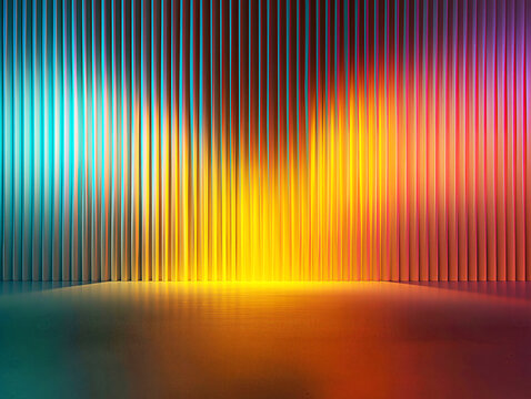 Colorful Reflective Metal Wall with Vibrant Lighting 