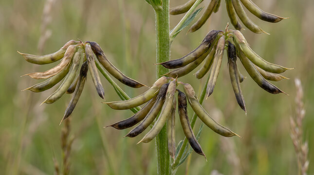 Close-up of a birdsfoot trefoil plant stem with maturing seed pods in a natural green meadow during summer