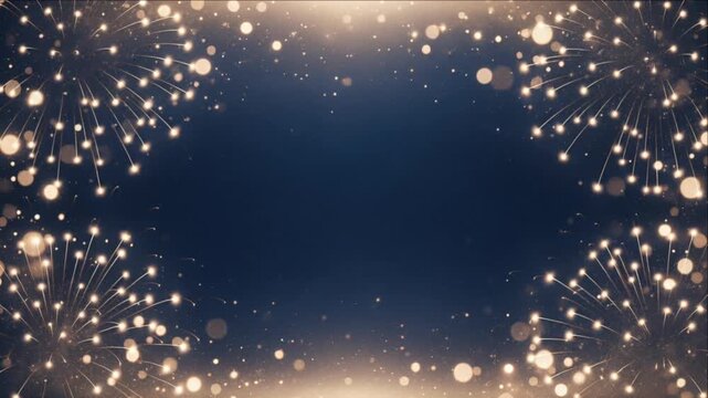 Fireworks bokeh celebration frame with golden light spark and festive border around dark blue background, elegant holiday greeting design and event invitation space for night announcement