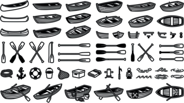 Rowboat and Canoe Water Recreation Line Art Vector Icon Set Featuring Diverse Skiffs Wooden Paddles Oars Marine Knots Anchors and Boating Equipment Symbols