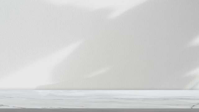 Marble floor and white plaster wall background with moving leaf shadows and soft sunlight, minimalist product display stage and natural interior backdrop for advertising, branding and elegant design.
