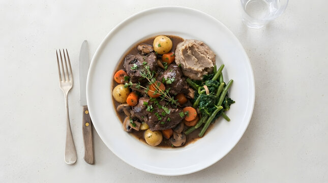 Plate dish set of civet de cerf or just cer, game meat stew from New Caledonia with glass of water on white background