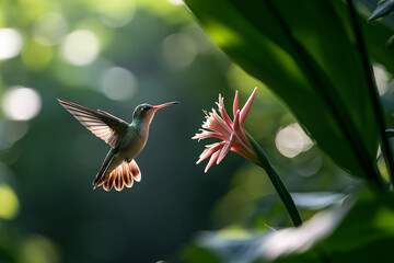 Fototapeta premium Tiny Hummingbird Flying Near Pink Tropical Flower in Lush Green Forest
