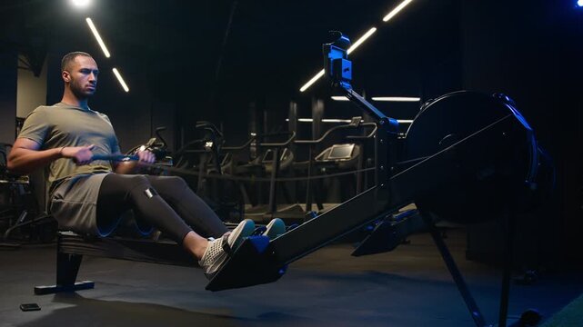 Sporty African American man male athlete using rowing machine in gym strong ethnic bodybuilder performing row exercise with pulley rope fitness trainer building back muscles strength workout indoors