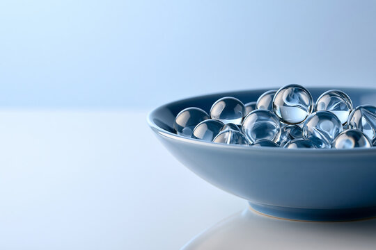 Transparent glass water beads in a blue bowl against a light background