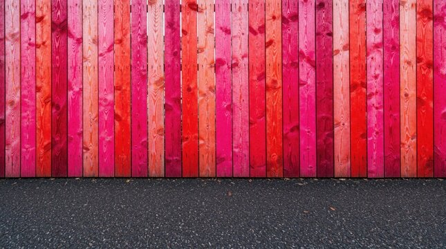 Vibrant pink, red wooden planks form vertical wall texture. Colorful timber fence stands above dark asphalt ground. Bright magenta boards create abstract background pattern with gradient shades.