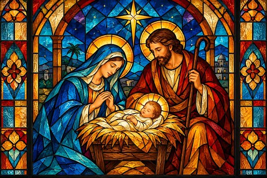 Colorful stained glass window depicting the holy nativity scene with baby jesus mary and joseph glowing under a bright star inside a church interior