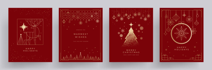 Naklejka premium Luxury Christmas card template set with red and gold background. Elegant Christmas ornaments and geometric design with warmest wishes for holiday season greetings - minimal vector