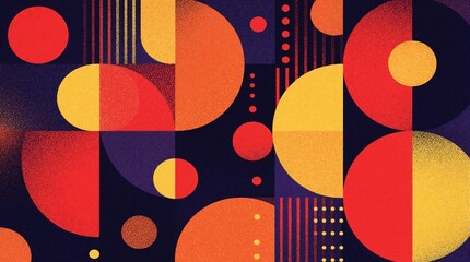 Fototapeta premium Abstract geometric art with red, yellow circles on dark blue background. Modern graphic design features textured shapes, dots, stripes. Vibrant colorful pattern creates contemporary minimal style for