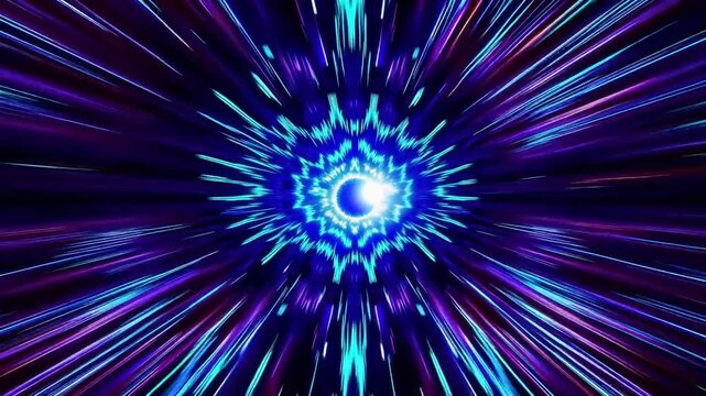 Abstract cosmic wormhole radiates vibrant blue and purple light beams outward from dark central core. Futuristic hyperspace vortex visualizes interdimensional travel with awe and fast motion.