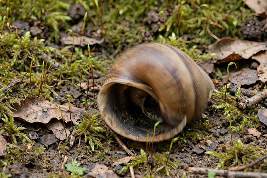 Close up macro view of an empty brown terrestrial snail shell Helix pomatia resting on damp forest soil surrounded by green moss and fallen autumn leaves