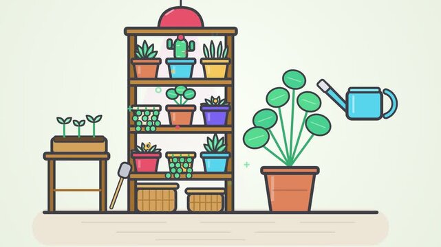 Flat Vector Animation Of Watering Potted Plants In A Cozy Home Garden For Nature Care Concept