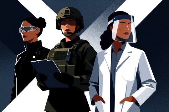 Diverse group of pro women in uniform. Scientist with face shield, soldier with helmet, clipboard, expert in black gear. Multicultural female leaders representing science, military, security