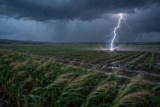 Dramatic lightning bolt striking a rural Zea mays corn field during a severe thunderstorm with heavy pouring rain and strong winds blowing the green crops under dark stormy skies