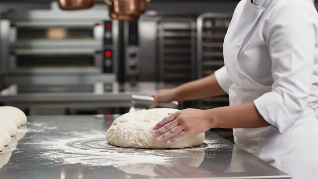 A baker in a white uniform is seen kneading raw dough on a floured metal table in a commercial kitchen environment.