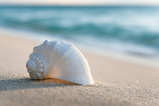 White seashell lying on sunny sandy beach with blue ocean water background