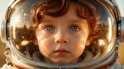 Fototapeta premium Close up portrait of young boy wearing futuristic space helmet. Little astronaut looks forward with curious eyes through glass visor. Kid dreams about space travel, cosmic adventure in sci fi