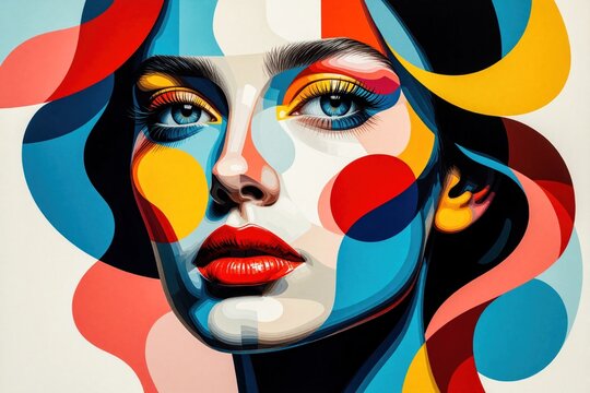 Abstract modern art collage features colorful woman portrait. Creative geometric shapes, vibrant pop art elements form feminine face. Stylish graphic design with bold colors, surreal composition for