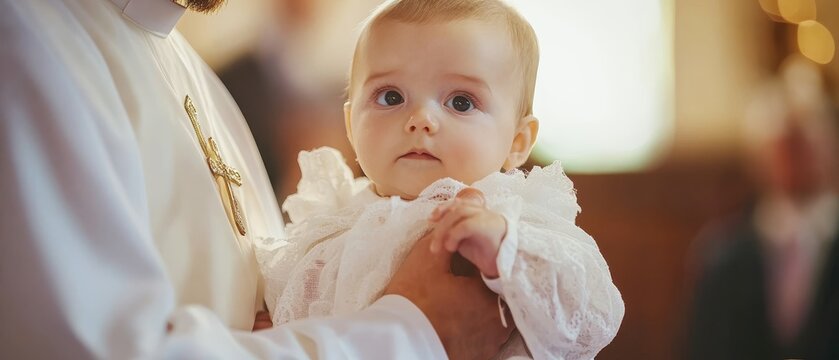A cherubic baby in a white lace christening gown is held by a priest wearing vestments with a golden cross, capturing a solemn moment during a baptism ceremony