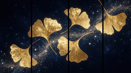 Fototapeta premium Golden ginkgo leaves float across starry night sky. Shining gold foliage moves through deep blue space with twinkling stars. Elegant botanical art background features celestial galaxy pattern. Dreamy