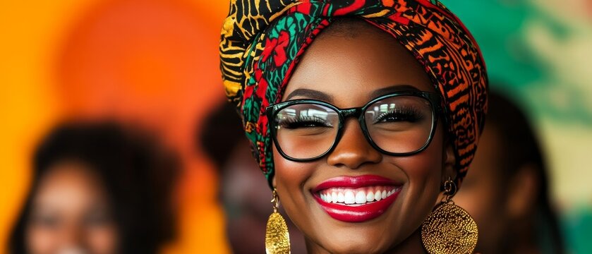 Cheerful african female in colorful headwrap and glasses with bright smile