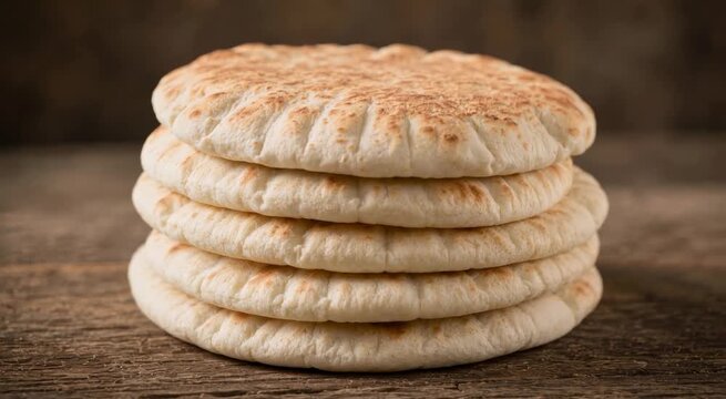 Stack of round pita breads on a rustic wooden surface, soft golden flatbreads