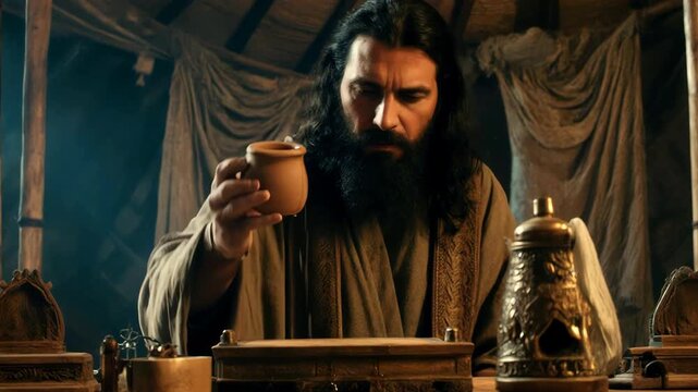 Ancient biblical man pouring holy oil from clay jar on wooden table. Traditional anointing ritual in tent. Historical religious reenactment