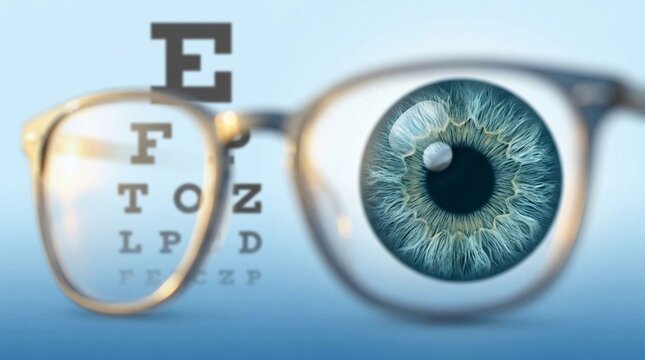 Blue human eye iris viewed through glasses lens with eye chart
