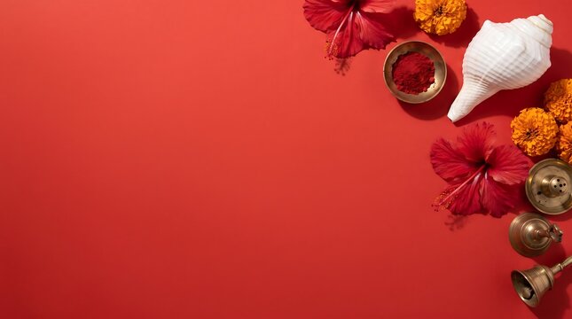 Red background flat lay with traditional puja accessories including red hibiscus flowers white conch shell orange marigold garlands and brass worship bells.