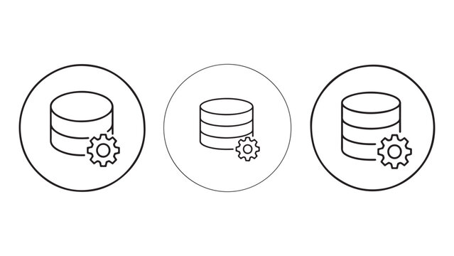 Database management icon set with thin black line cylinders and gear wheels inside circles.