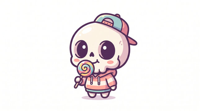 Cute chibi skeleton wearing a cap and striped hoodie eating a colorful lollipop