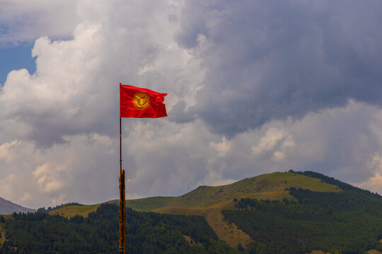 National flag of Kyrgyzstan waves from wooden pole against a cloudy sky. Lush green mountainside with trees and grass forms the backdrop, enhancing the patriotic scene.