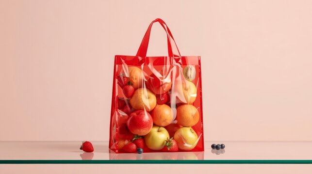 Red shopping bag filled with fresh fruits