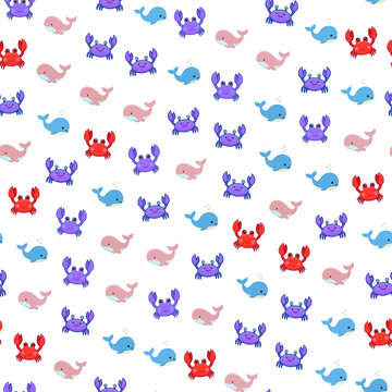 Cute cartoon crabs and whales repeating pattern